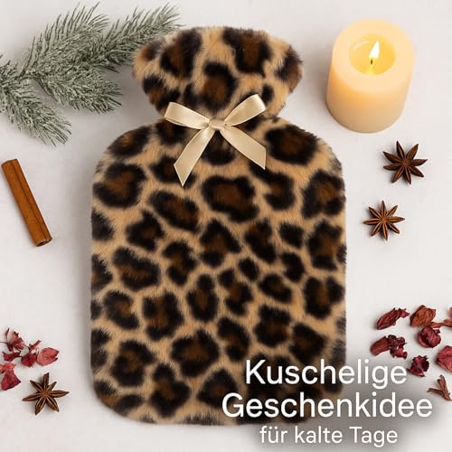 Bouillotte housse peluche léopard MIJOMA douce avec pompons - 6