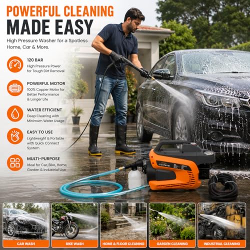 Image of CRI PREZJET-60P High Pressure Car Washer I 1hp Water Pump | 60 Bar Pressure Washer | 750W Copper Motor | 1HP Portable Power Washer | Foam Cannon, 5M Hose & Spray Gun | 1 Year Warranty