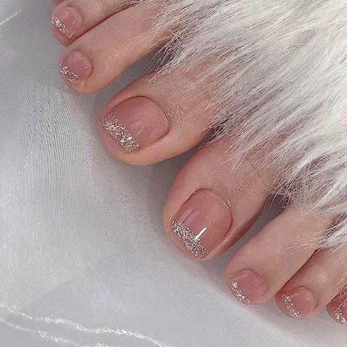 Handcess French False Toenails Nude Glossy Press on Toe Nail Ballerina Fake Toe Nails Full Cover Acrylic Toe Nail Art Tips for Women Girls 24Pcs