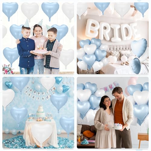 Image of Baby Blue Heart Balloons, 10 Pcs Pastel Light Blue and White Heart Shaped Balloon, 18 Inch Cream Sand White Foil Balloons for Boys Men Brithday Bridal Baby Shower Wedding Valentines Party Decoration