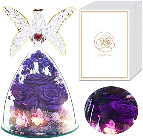 Angel Rose Gifts for Mom, Angel Figurine with Real Rose Gifts for Mother, Preserved Flower Rose Gifts for Grandma, Glass Angel Figurines with LED Light for Valentines Day Mothers Day Birthday Gifts