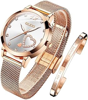 OLEVS Ladies Watch Japanese Quartz Rose Gold Stainless Steel Mesh Strap Diamond Luxury Dress Waterproof Luminous Bracelet Sets