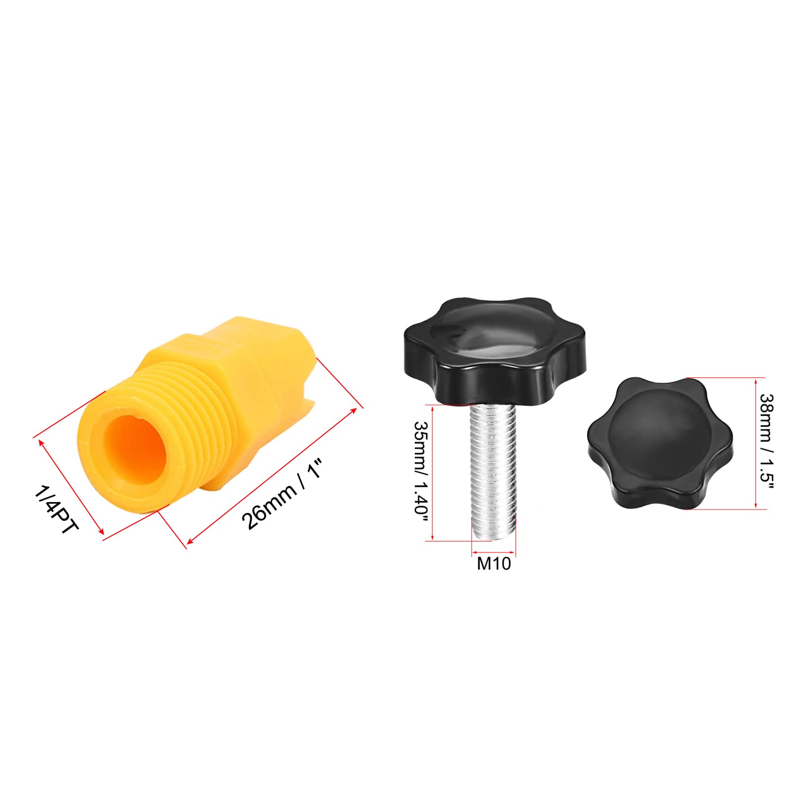 uxcell 1/4PT Male Thread Flat Fan Spray Tip Yellow 5pcs and M10 x 35mm Clamping Screw Knob 2pcs