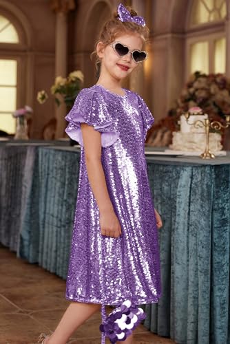 GRACE KARIN Girls Flutter Sleeve Sequin Dresses Kids Crew Neck Sparkly Fancy Formal Party Dress with Hairbow 5-12 Years4