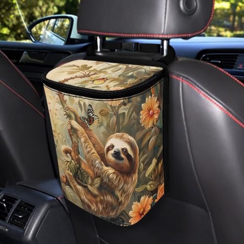 Image of Talayituse Sloth Butterfly Flower Print Car Trash Can with Adjustable Straps, Foldable Car Trash Bag Bin Car Garbage Bag Multipurpose Storage Box for Vehicle Travel Camping Picnicing