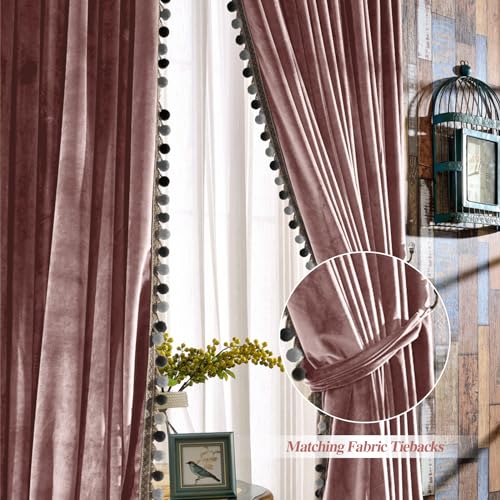 Image of Melodieux Luxury Pom Poms Velvet Curtains for Bedroom Living Room, Vintage Room Darkening Rod Pocket Window Decorative Drapes, 52 inch W x 84 inch L, Dusty Rose (2 Panels)