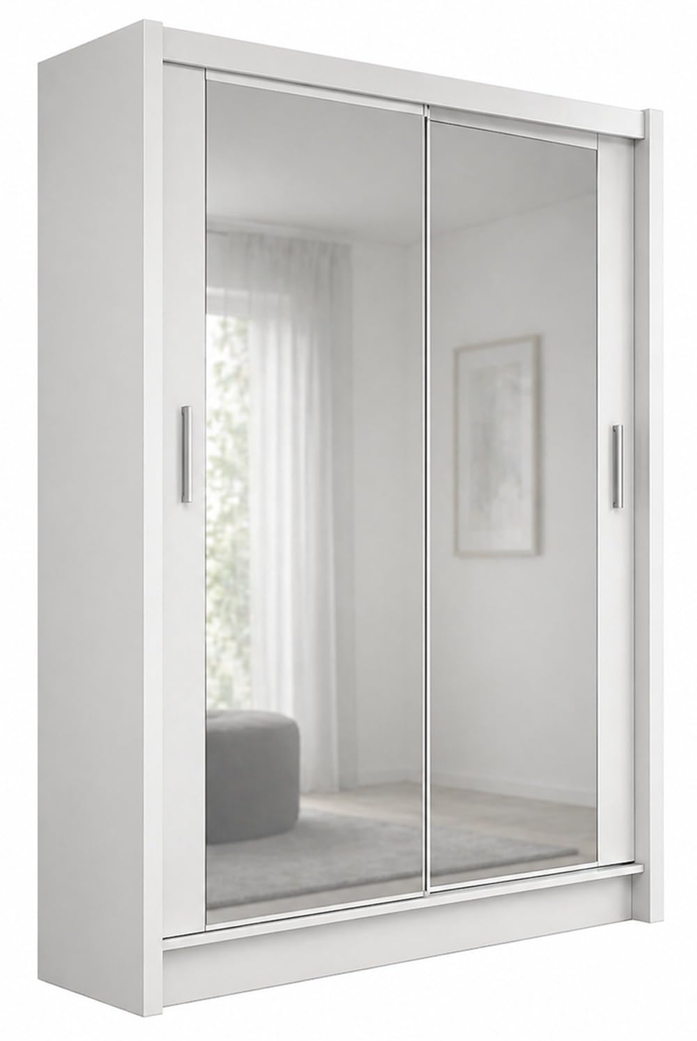 Generisch Paris 120 Kleiderschrank mit Schiebetüren und Spiegel – Moderner Schwebetürenschrank mit Regal für Schlafzimmer (Weiss)