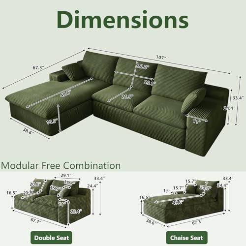 Image of 107 inch Cloud Couch Modular Sectional Sofa for Living Room, L-Shape Boneless Couch with Deep Seat, Modern Corduroy 3-Seater, No Assembly Required (Green,Left-Facing Chaise)
