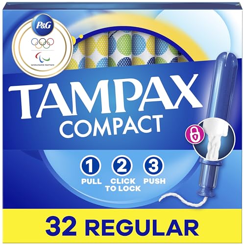 Tampax Compact Pearl Tampons for Women, with LeakGuard Braid & Extendable Applicator, Regular Absorbency, Compact Extendable Applicator, Unscented, 32 Count