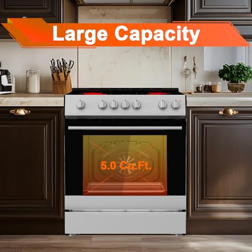 30-Inch Electric Freestanding Range with 5.0 Cu.Ft Convection Oven, 4 Burners - In Stainless Steel, Smooth Glass Top, Timer, High-Efficiency, Easy Reach Rack, Silver