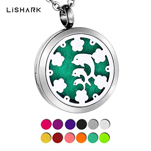 Essential Oil Diffuser Necklace Aromatherapy Pendant Locket Jewelry Hypo-Allergenic Perfume Necklace with 24"&20.8" 2PCS Chains and 12 color Reuse Felt Pads for women men kids