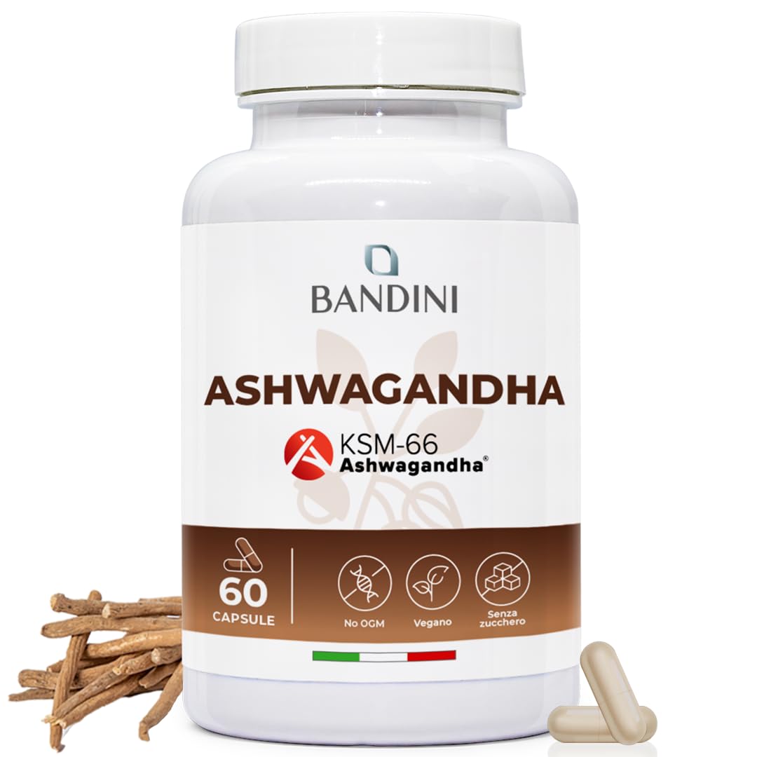Bandini® Ashwagandha KSM-66® 100% Vegan (60 Capsule) - Qualità Premium KSM Pura - Integratore Naturale da Polvere Withania Somnifera (Ginseng Indiano) - Rimedio Ayurvedico per Stress, Mente e Sonno