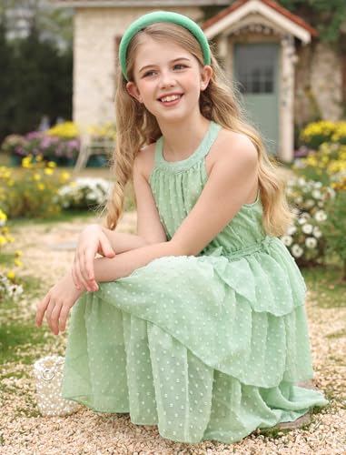 Move Dance Girls Summer Dress Tween Halter Neck Green Flared Midi A-Line Sundress Swiss Dot Sleeveless Casual Layered Chiffon Dresses with Belt 12-13 Years Old - image 6