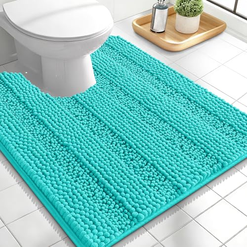 Image of OLANLY Thick Toilet Rugs U-Shaped 24x20, Extra Soft Absorbent Chenille Striped Contour Bathroom Rugs for Toilet, Dry Quickly, Machine Washable, Non-Slip Bath Mat, Teal