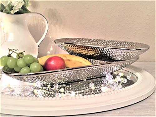 DRULINE 2er-Set Dekoschale Silber Obstschale modern Keramikschale Tisch-Deko Silber Hochzeitsdeko Silberschale Gebäckschale Obstteller Früchteschale Dekoschalen silberne Schalen Keramik Deko Tablett