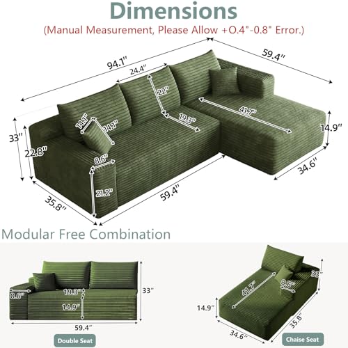 Image of 95 inch Modular Sectional Sofa, Modern Corduroy Cloud Couch with Side Pockets, Boneless Couch Upholstered 3-Seater L-Shaped Sofa for Living Room, No Assembly Required (Green,Right-Facing Chaise)