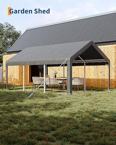 10x20 Ft Carport, Car Port with 200g PE Tarp, Roll-Up Doors, and 4 Windows, for Sedans, Bass Boats, Motos, ATVs, and SUVs, Light Gray