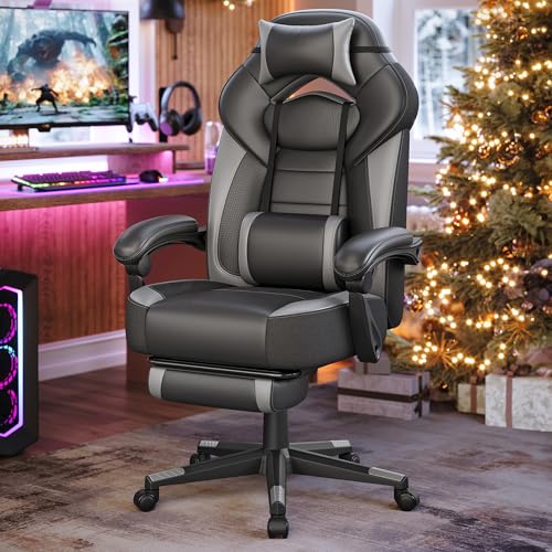 SONGMICS Gaming Stuhl, Bürostuhl mit Fußstütze, Schreibtischstuhl, ergonomisches Design, verstellbare Kopfstütze, Lendenstütze, bis zu 150 kg belastbar, schwarz-grau OBG77BG SONGMICS Gaming Stuhl, Bürostuhl mit Fußstütze, Schreibtischstuhl, ergonomisches Design, verstellbare Kopfstütze, Lendenstütze, bis zu 150 kg belastbar, schwarz-grau OBG77BG