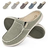 Mens Orthopedic Slippers with Arch Support, Canvas House Slipper for Men with Suede Insole and Velvet Lining, Slip on Clog House Shoes with Indoor Outdoor Anti-Skid Rubber Sole, Light Olive