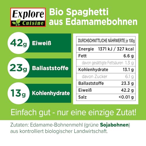 Explore Cuisine Bio Spaghetti aus Edamame (grüne Sojabohnen) – Glutenfreie Nudeln, pflanzliche Protein Pasta ohne Zusatzstoffe, ideal bei Zöliakie, wenig Kohlenhydrate, vegan, 200g