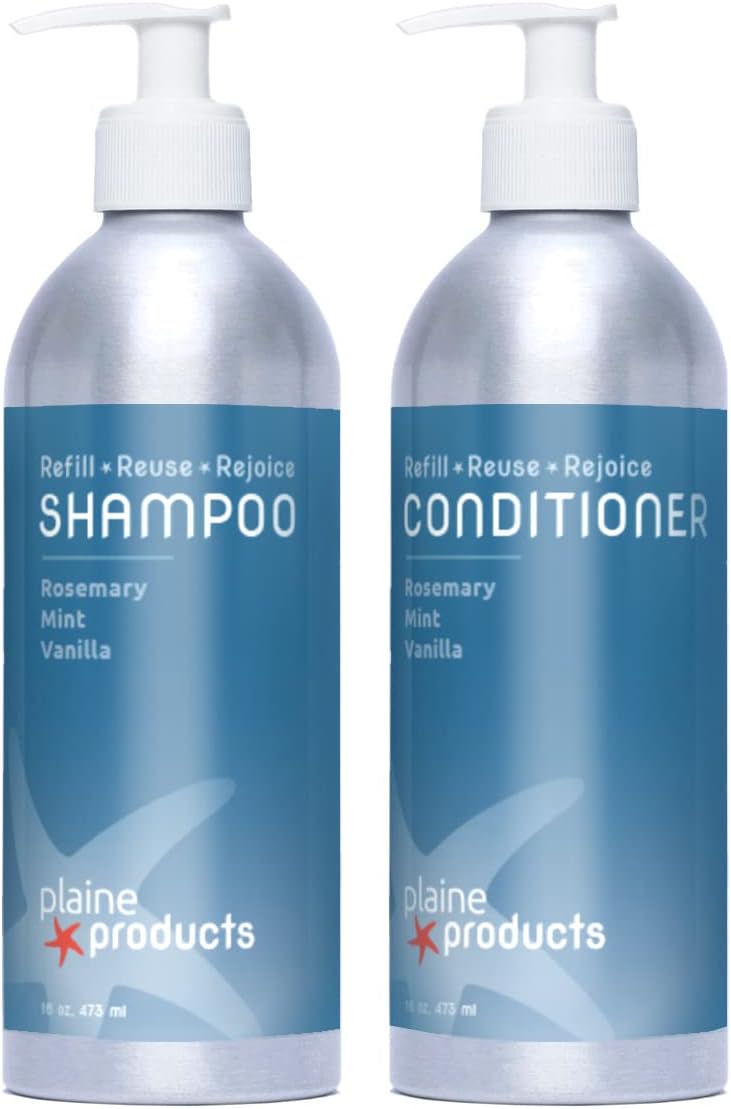 Plaine Products Eco-Friendly Shampoo and Conditioner - Rosemary, Mint, Vanilla - Sulfate Free, 16 oz (Refillable Bottles with Pumps)