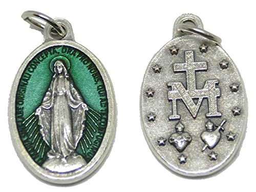 GTBITALY 60.973.31 002LOGVE Medaglia Madonna Miracolosa Logo Originale Preghiera in Latino con Anello Argento Misura da 2,5 cm 25 mm Smalto Verde Acqua