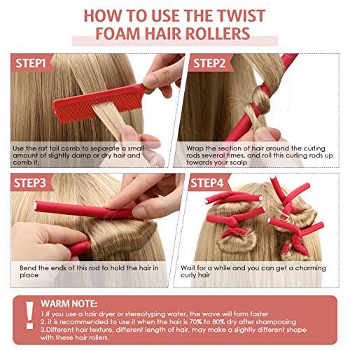 30 Pieces Flexible Curling Rods Twist Foam Hair Rollers Soft Foam No Heat Hair Rods Rollers And Steel Pintail Comb Rat Tail Comb For Women Girls Long And Short Hair (Red,9.45 X 0.3 Inch) #TOP2