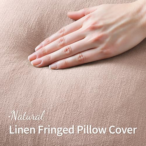 Image of MIULEE Valentines Decorative Throw Pillow Covers Neutral Linen Fringe Throw Pillows Set of 2 Light Pink Boho Farmhouse Cushion Covers for Couch Sofa Bed Living Room Spring Home Decor 18x18 Inch