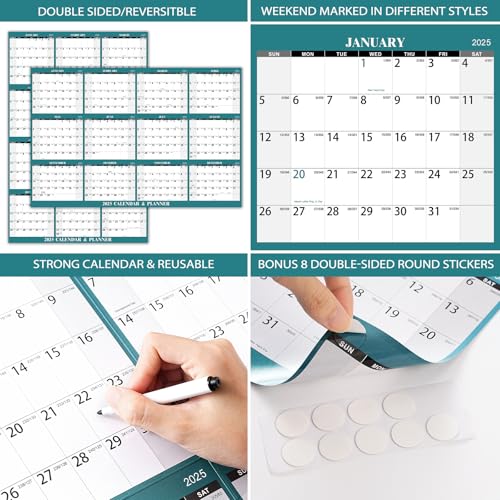 Calendário de parede apagável a seco - Calendário de parede anual 2025, 58,4 cm x 89 cm, janeiro a d