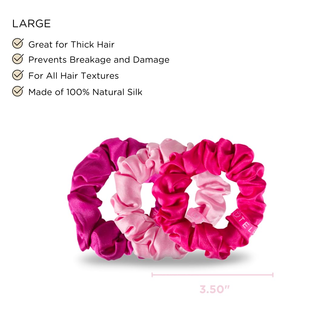 TELETIES - Large 100% Natural Silk Scrunchie - Soft & Gentle on Hair, Prevents Breakage - Safe for Sleep - Ideal for Thick & All Hair Textures - Rose All Day