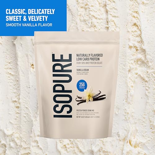 Image of Isopure Low Carb 100% Pure Whey Isolate Protein Powder, Lactose Free, Gluten Free, With Vitamins, Vanilla Bean, 25g Protein Per Serving, 1 Lb, 14 Servings (Packaging May Vary) | 25g Protein Per Serving, 100% Whey Protein Isolate, Lactose Free, Gluten Free, with Added Vitamins, 5 or Less Ingredients