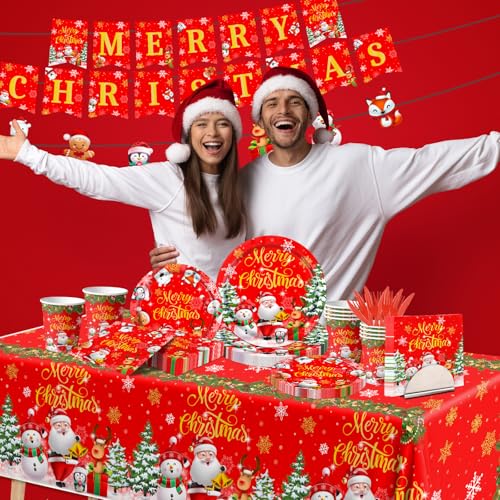 Christmas Paper Plates and Napkins - Disposable Tableware with Plates, Napkins, Tablecloth, Banner for Christmas Party Table Decorations – Image 3
