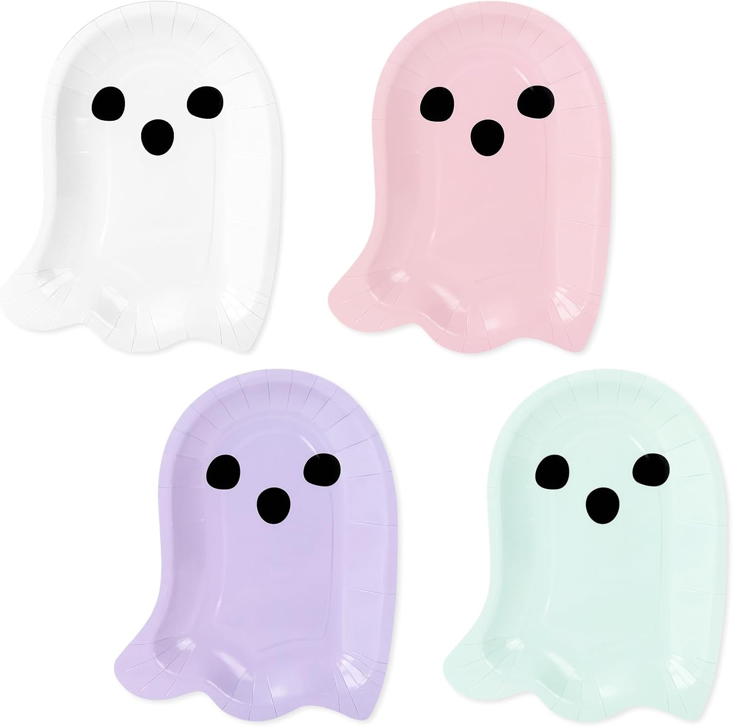 Whaline 80 Pcs Halloween Paper Plates Boo Ghost Disposable Dinner Plates Boho 4 Pastel Colors Tableware for Party Supplies Table Decor, 7.6 x 9.6 In