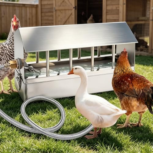 Automatic Chicken Waterer Stainless Steel Large Metal Chicken Waterer System Poultry Waterer Dispenser with Float Valve Kit Hose Accessories for Pigeon Duck Goose