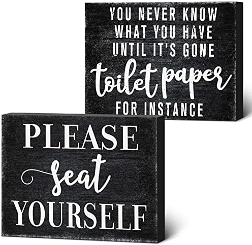 2 Pieces Funny Farmhouse Bathroom Decor You Never Know What You Have Until It's Gone Toilet Paper Sign Please Seat Yourself Sign Humor Toilet Box Plaque for Toilet Decoration, 4 x 5 Inch (Black)