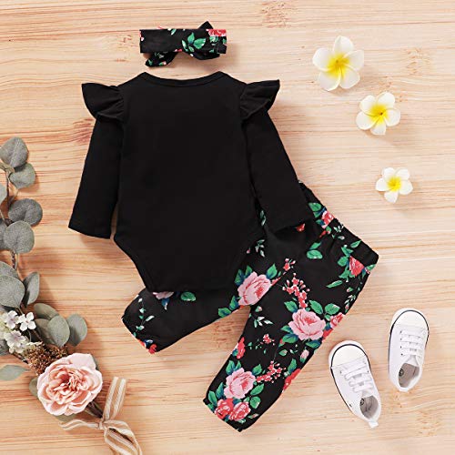 Image of NZRVAWS Newborn Baby Girl Clothes Long Sleeve Ruffle Romper Bodysuit Floral Halen Pants Bowknot Headband 3pcs