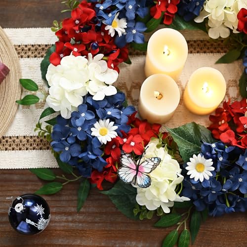 Valery Madelyn 4th of July Wreath for Front Door with Lights, Red White Blue Patriotic Hydrangeas Wreath Memorial Day Decorations with Eucalyptus Leaves Butterfly for USA 250th Anniversary Summer, 18" by Valery Madelyn - Image 5