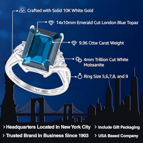 Gem Stone King 10K White Gold London Blue Topaz and White Moissanite 3 Stone Engagement Ring For Women (9.96 Cttw, Emerald Cut 14X10MM, Trillion 4MM, Available in Size 5,6,7,8,9)2