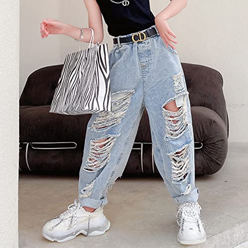 FEESHOW Big Girls Kids Ripped Hole Distressed Washed Baggy Jeans Youth Loose Fit Hip Hop Jazz Dancewear Denim Pants4