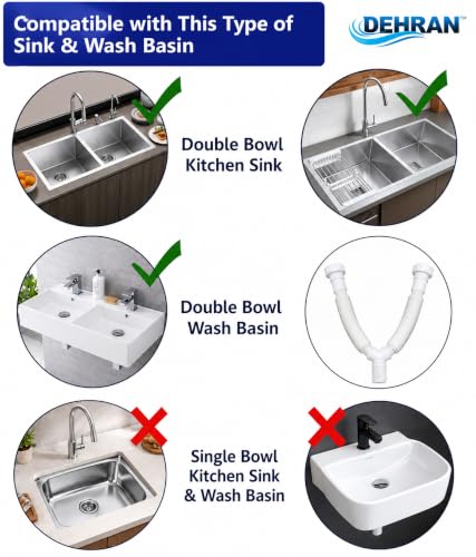Image of DEHRAN Dual Sink PVC Waste Pipe, 40mm Nut Connector, 750mm (2.5 Ft) Flexible Drain Connector for Kitchen Sink, Universal Fit for 2 Sink /Basins