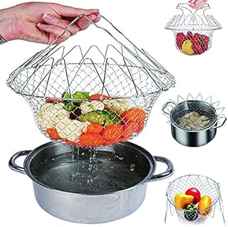 Tomicy 304 Stainless Steel Foldable Fry Basket,Multi-Function Fold Stainless Steel Strainer Skimmer Frying Colander Food Net Fry Cooking Fryer Basket for Fries, Vegetables, Salads