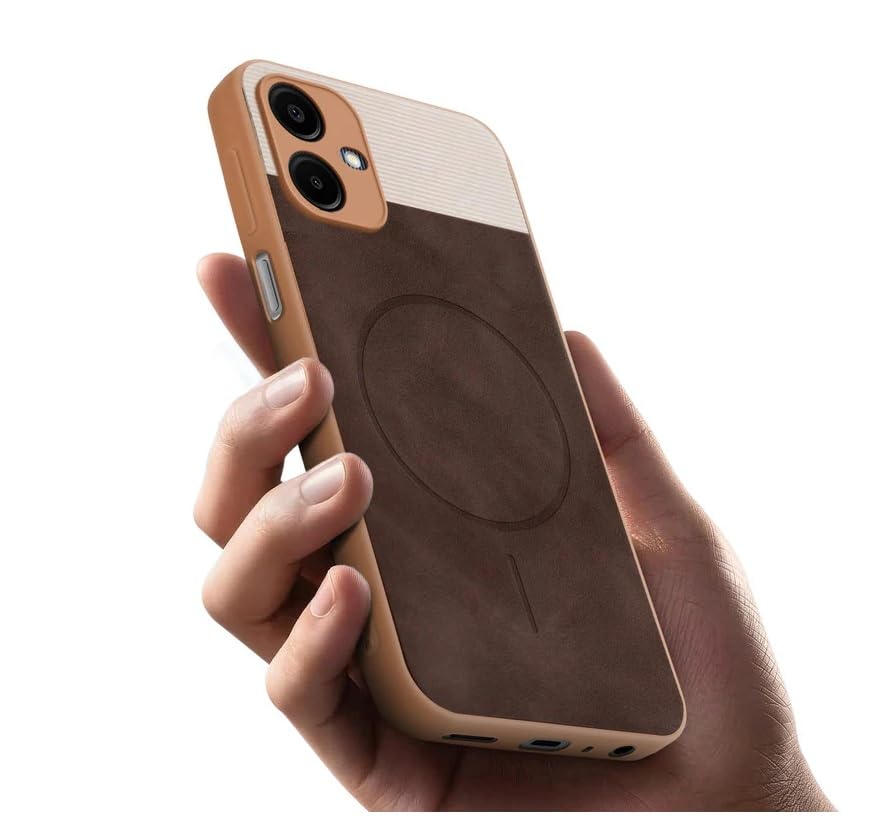 Image of Bintage CASE Dual-Leather Mac Safe Design Phone Case| Soft Touch Finish | Full Camera Protectection Back Cover Compatible for Samsung F04 / A04e 4G / M04 - White & Choco Brown