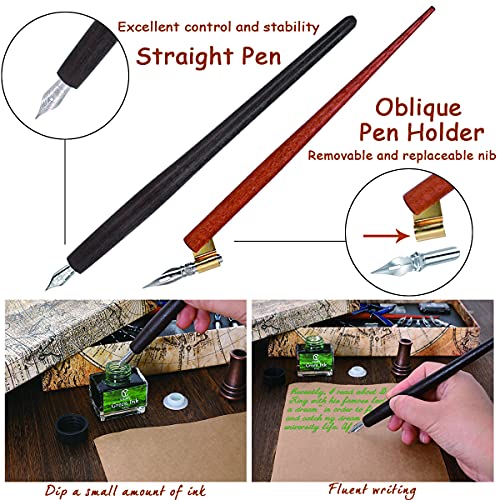 Yicmy YICMY112 Calligraphy Pen Set,Calligraphy Set For Beginners Includes Oblique Pen Wooden Calligraphy Pen 12 Pen Nibs & 4 Different Color Inks Dip Pen Set Fountain Pen Set Retro Gift thumb #4