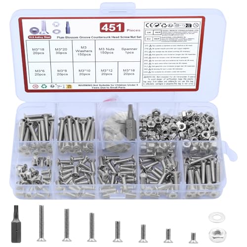 Juego de 451 tornillos M3, tornillos de cabeza avellanada Torx, surtido de tornillos de cabeza avellanada, tornillos de cabeza plana Torx con tuercas, juego de tornillos roscados con arandelas (M3