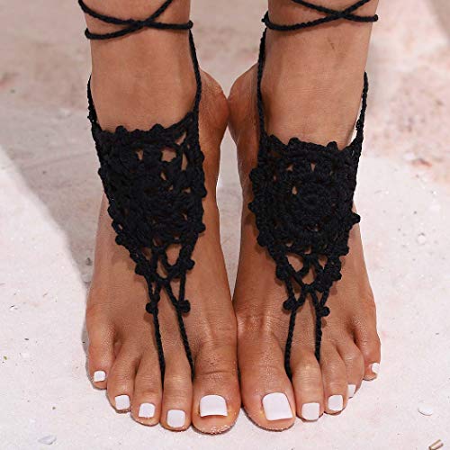 Aularso Layered Wedding Anklets Shoes Crochet Barefoot Sandals Ankle Bracelets Lace Ring Foot Chain Beach Feet Jewelry For Women And Girls (2Pcs) (Black) #TOP2