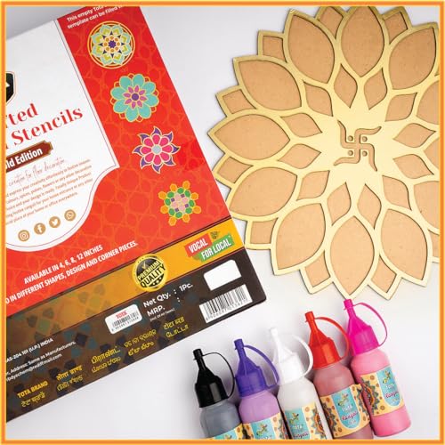Image of TOTA Rangoli Stencil Corner - Set of 5 Rangoli Colour Bottles + 1 MDF Stencils | 12 X 12 inch | Reusable 3D Rangoli for Diwali Home Decoration Navratri Pongal Onam Puja