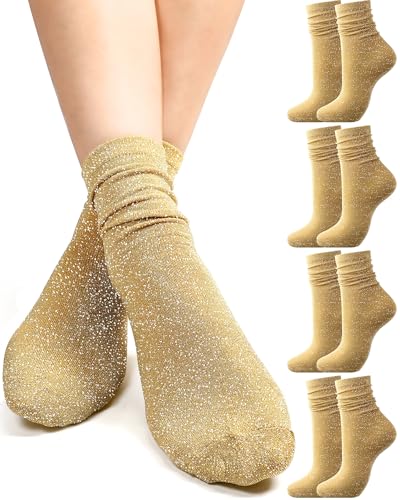 Syhood 4 Pairs Women's Novelty Glitter Ankle Socks Sparkly Metallic Casual Ladies Bright Retro Piles Ankle Socks