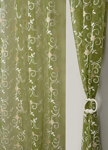 Image of littlelotus Floral Pattern Embroidery Tissue Net Sheer Transparent Grommet Curtains for Window 5 feet Long Set of 2, Green
