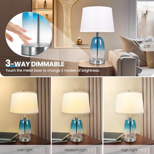 CNXIN Table Lamps Set of 2 Touch Control 22.4", Modern Coastal Teal Blue Glass Bedside Lamps with White Shade, 3-Way Dimmable Touch Lamp Dual USB Ports Outlet for Bedroom Living Room (Bulbs Included) - Image 3