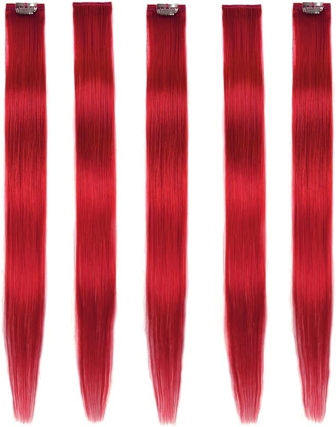 Winsky Red Hair Extensions Clip in Human Hair - 100% Straight Party Highlights Clip on Colored Hair Extensions 5 Pieces/Set (18inch,Red)